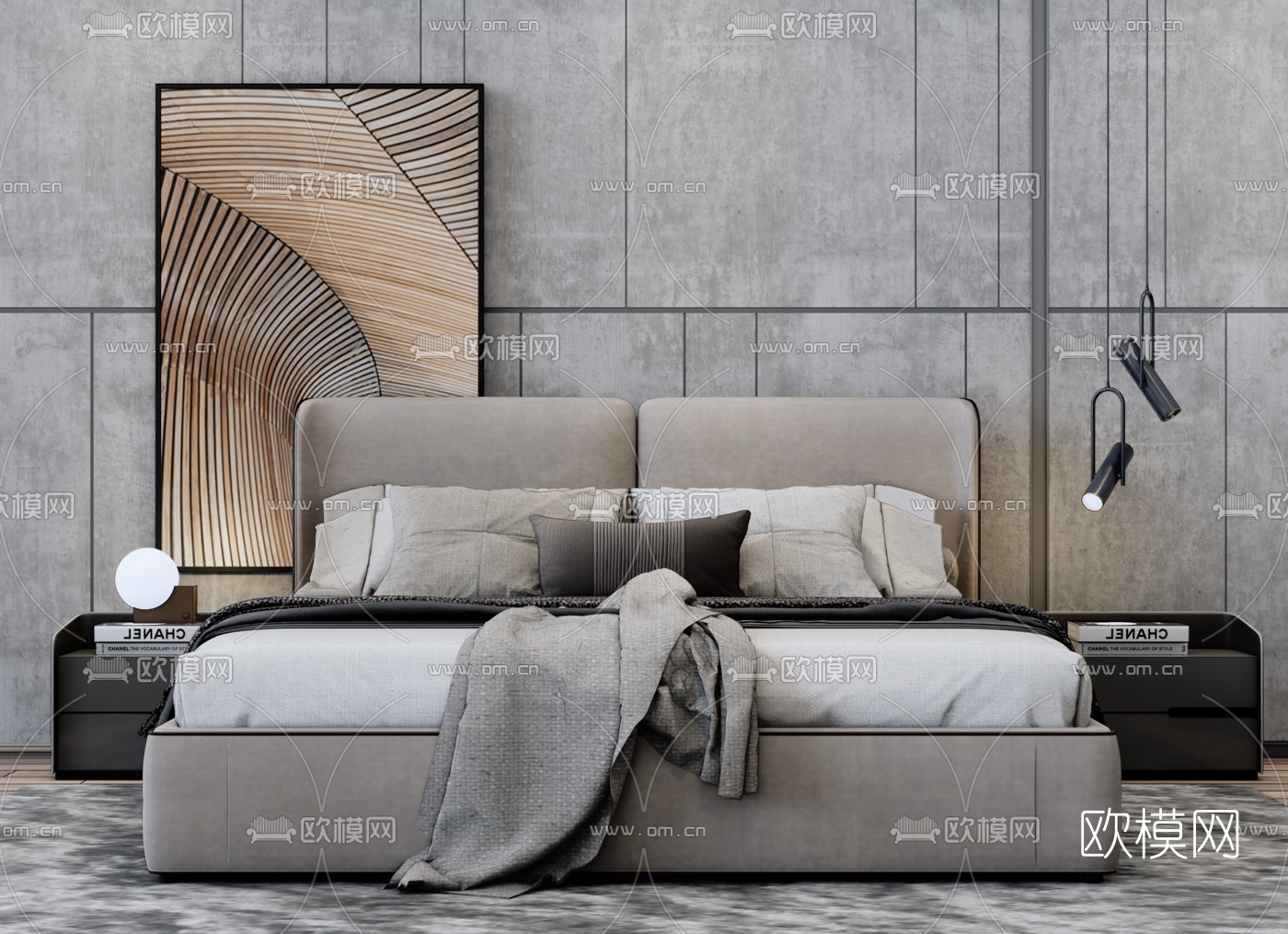 现代布艺双人床su模型下载（渲染图1）