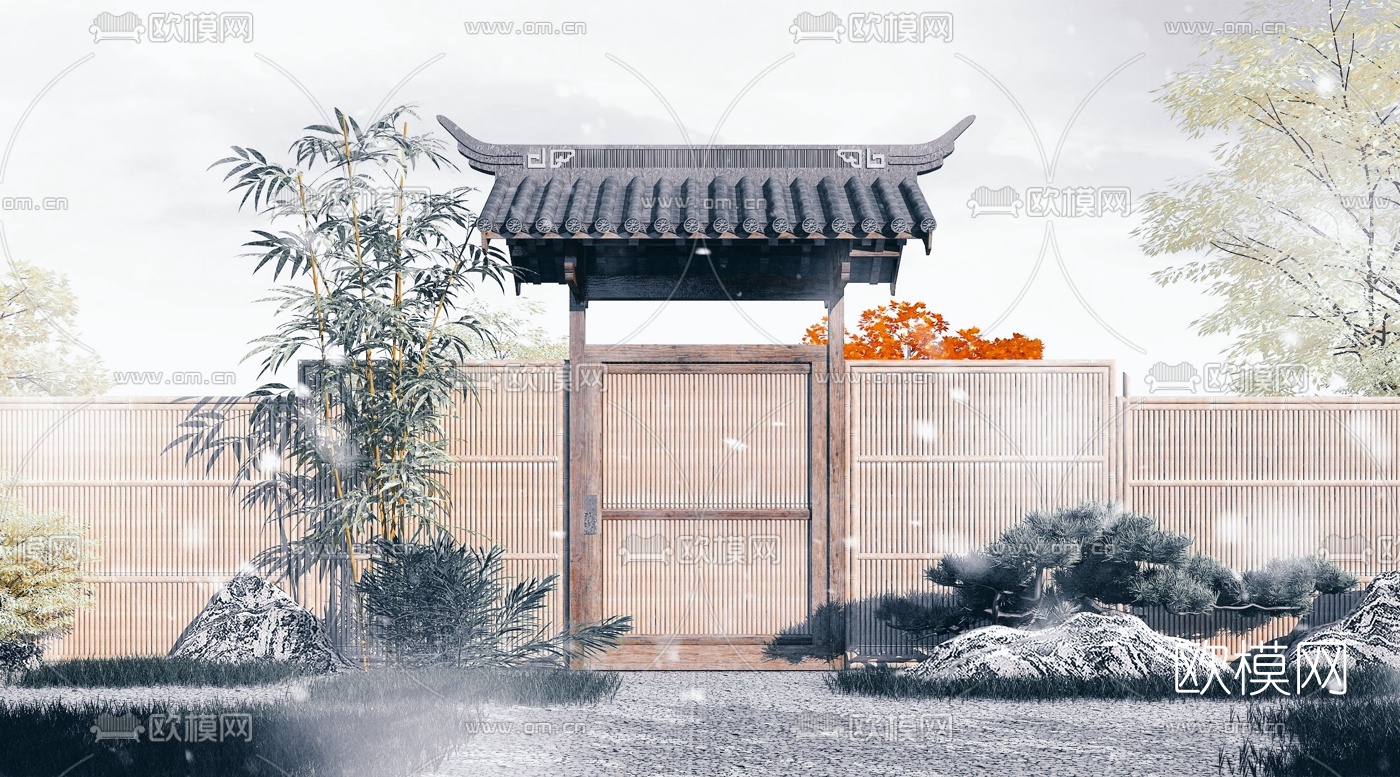 中式篱笆墙庭院大门小品3d模型下载