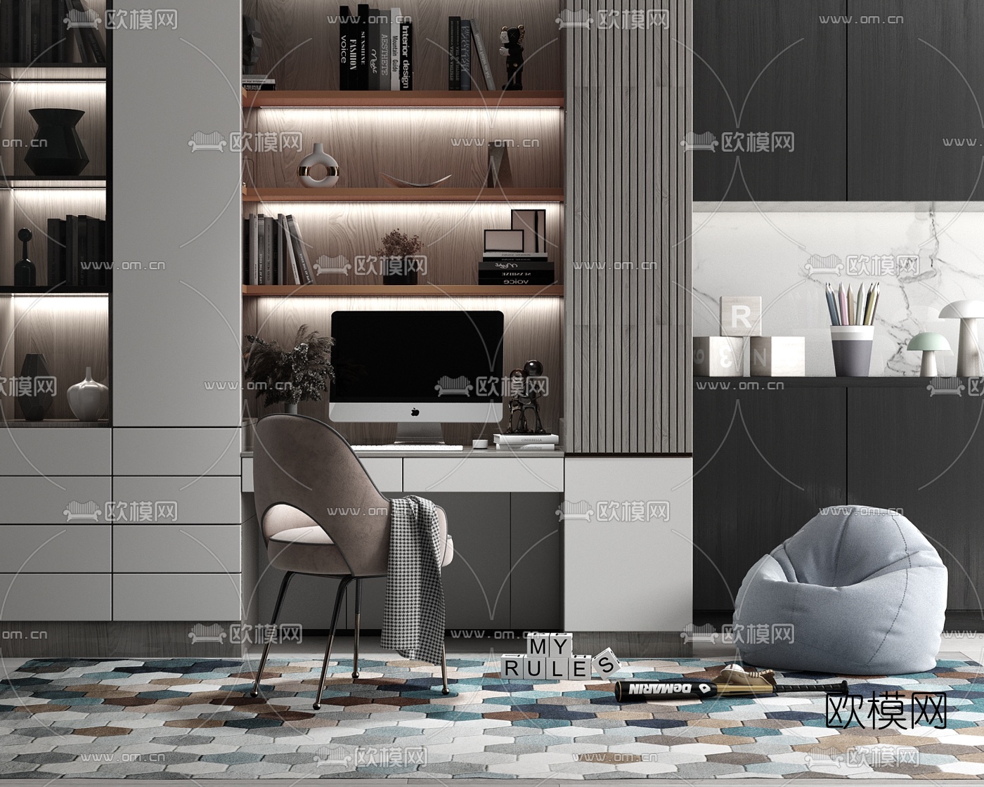 现代一体式装饰柜书柜3d模型