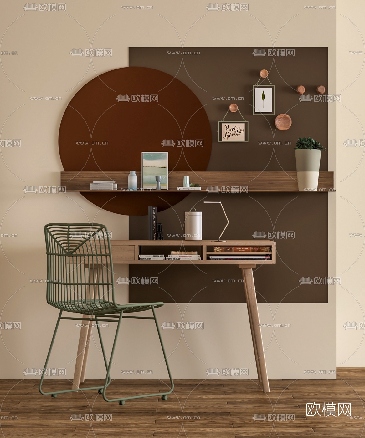 北欧原木书桌椅3d模型下载