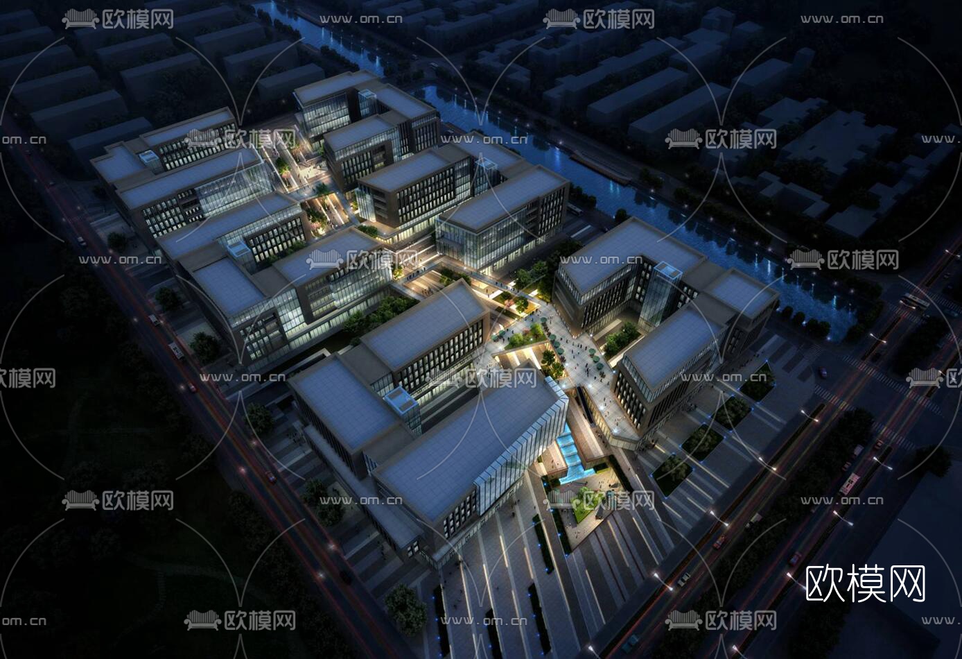现代办公园区鸟瞰夜景su模型下载（渲染图1）