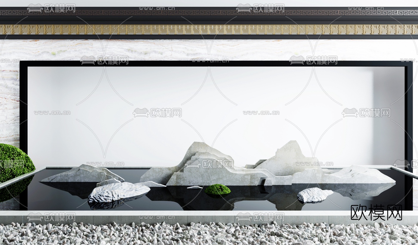 新中式假山灌木水景小品3d模型