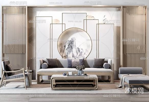 新中式布艺沙发组合su模型下载（渲染图1）