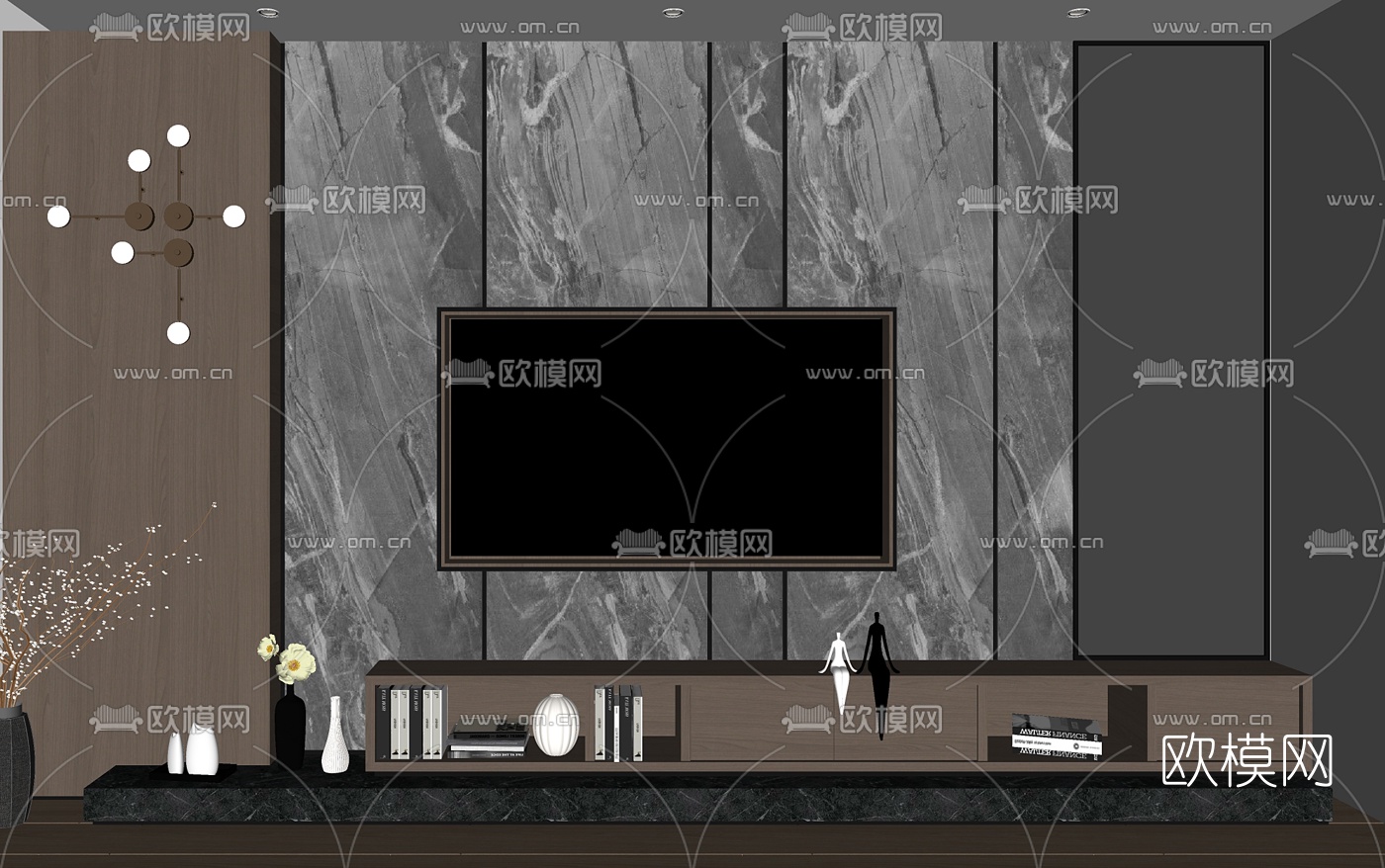 现代电视柜背景墙su模型下载（渲染图2）