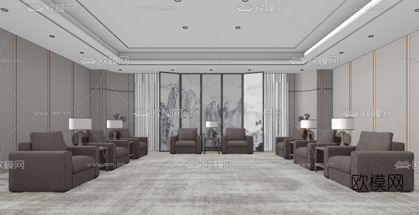 新中式贵宾接待室su模型下载（渲染图2）
