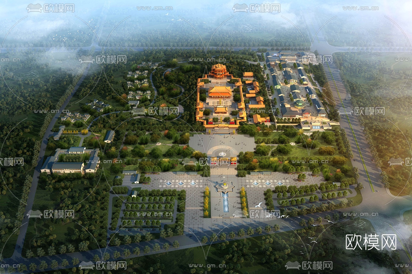 新中式寺庙鸟瞰3d模型下载