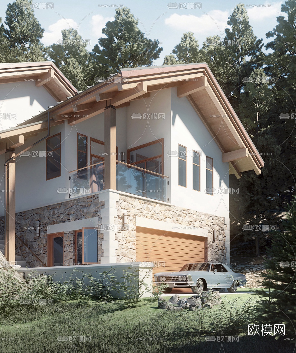 自然风半山别墅外观3d模型下载（渲染图3）