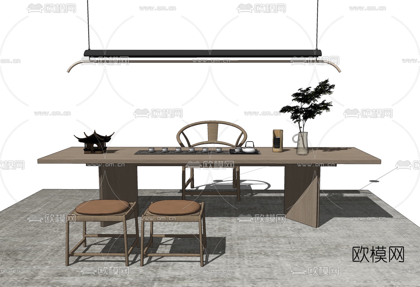 新中式实木茶桌椅su模型下载（渲染图2）