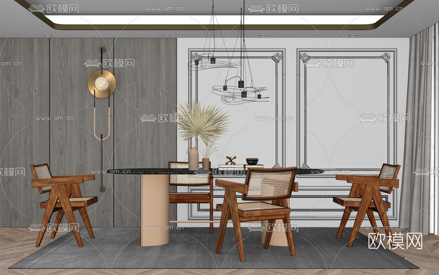 现代大理石餐桌椅su模型下载（渲染图2）