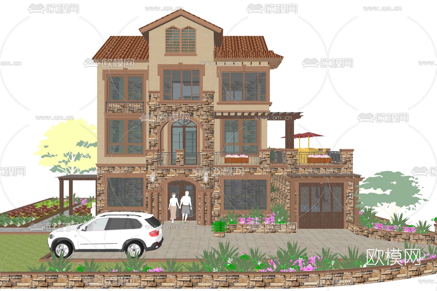 欧式独栋别墅外观su模型下载