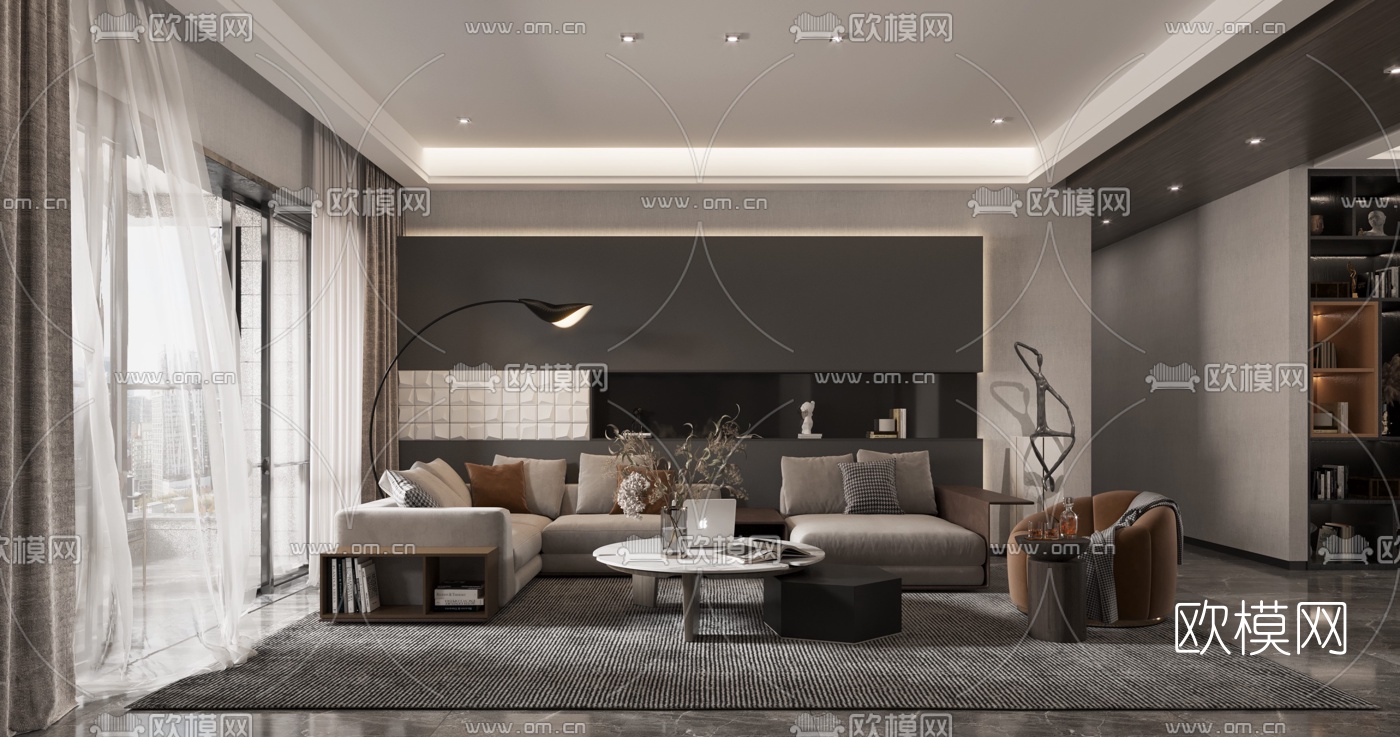 现代高级灰客厅餐厅3d模型下载（渲染图1）