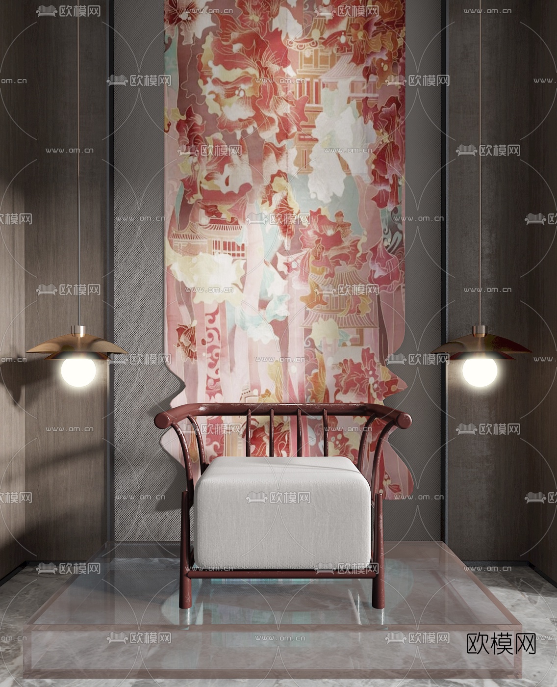 新中式实木单人沙发3d模型下载（渲染图1）