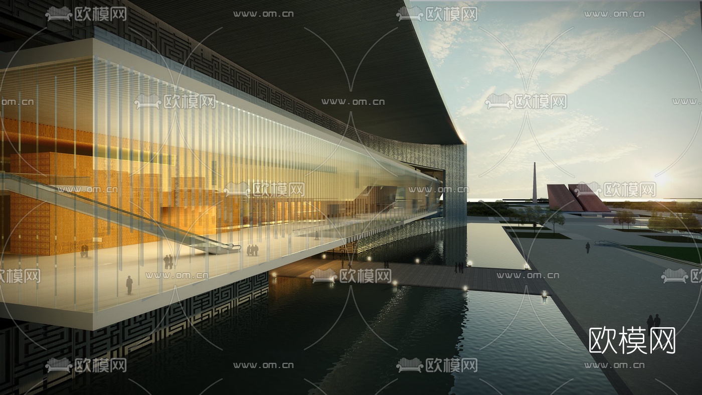 新中式图书馆外观夜景3d模型