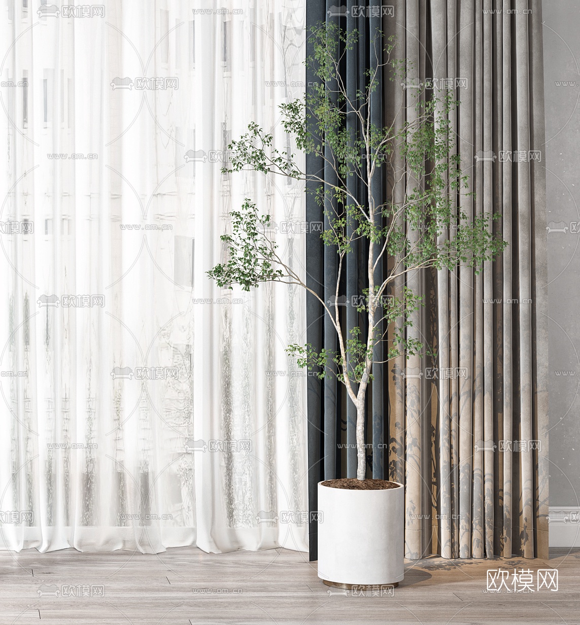 现代布艺窗纱窗帘3d模型下载（渲染图4）