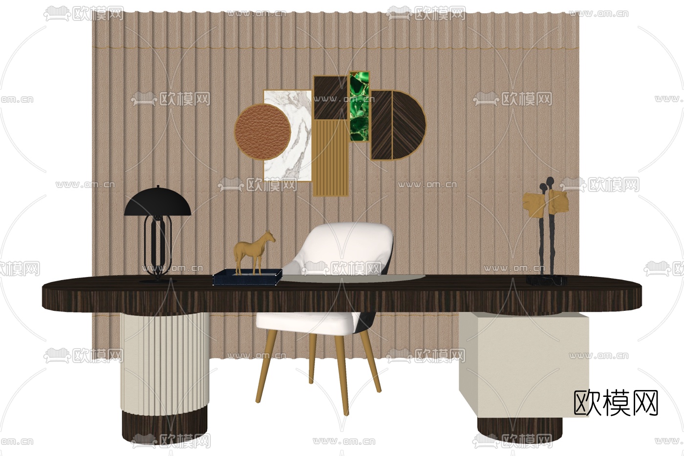 现代班台桌su模型下载