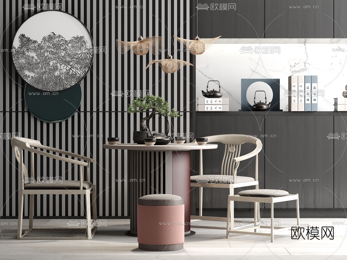 新中式圆形休闲桌椅3d模型下载