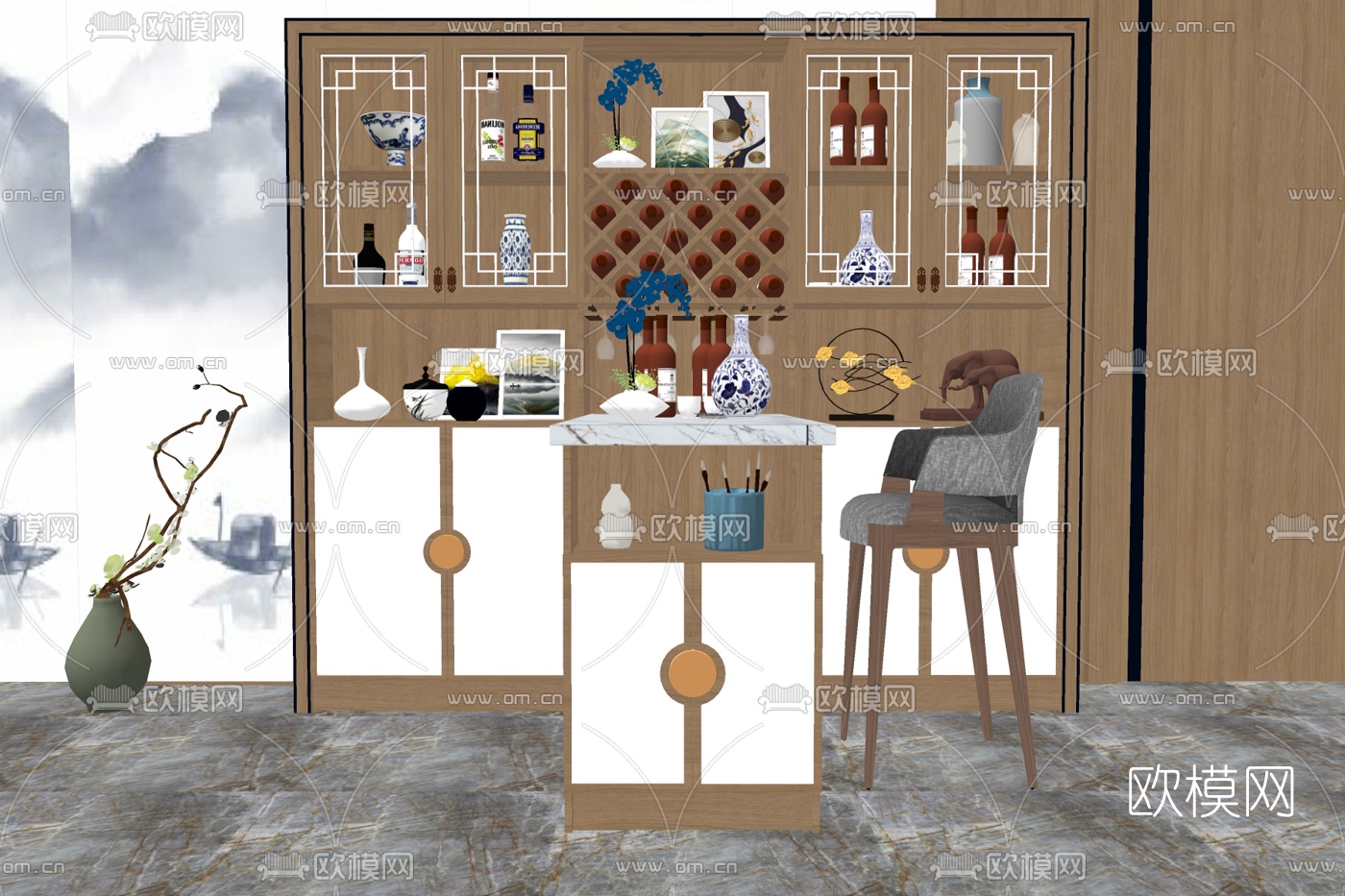 新中式实木装饰柜su模型下载