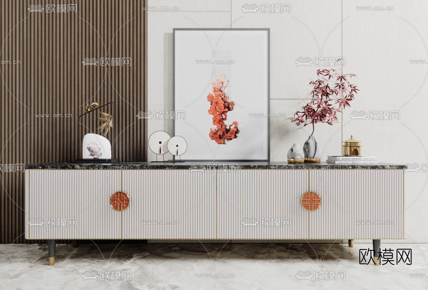 新中式电视柜su模型下载（渲染图1）