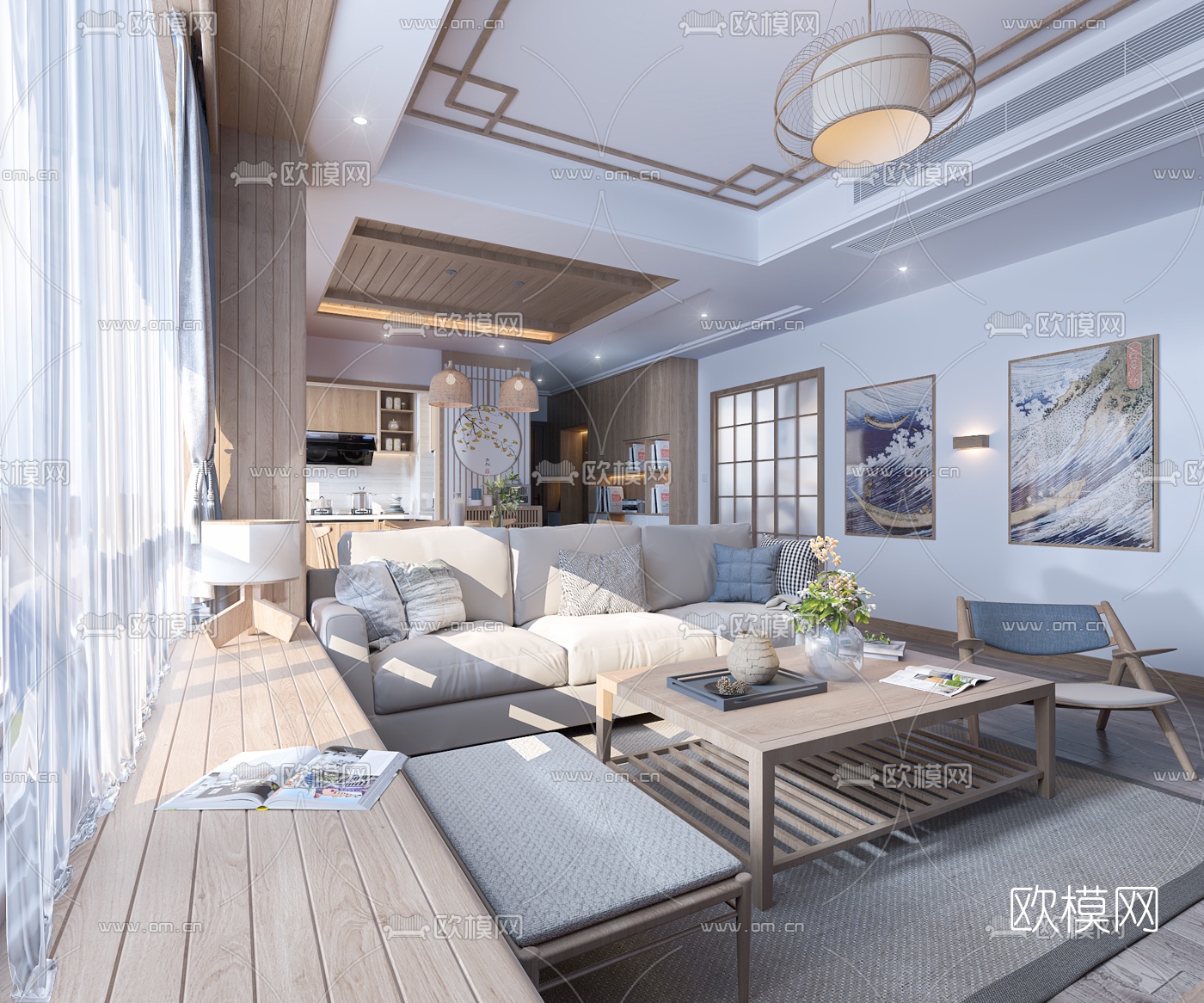 日式客厅餐厅厨房免费3d模型下载（渲染图5）