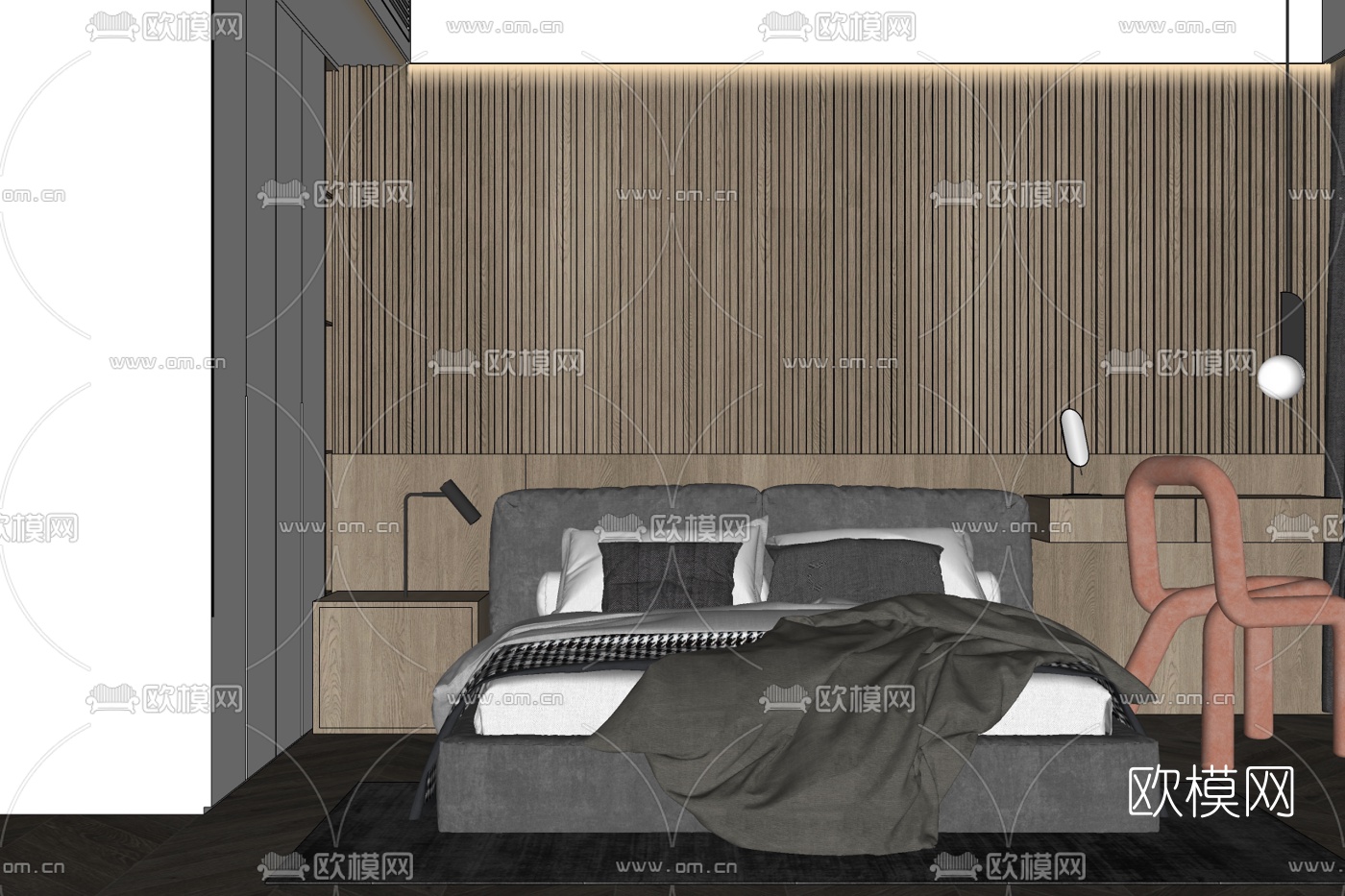 现代布艺双人床免费su模型下载