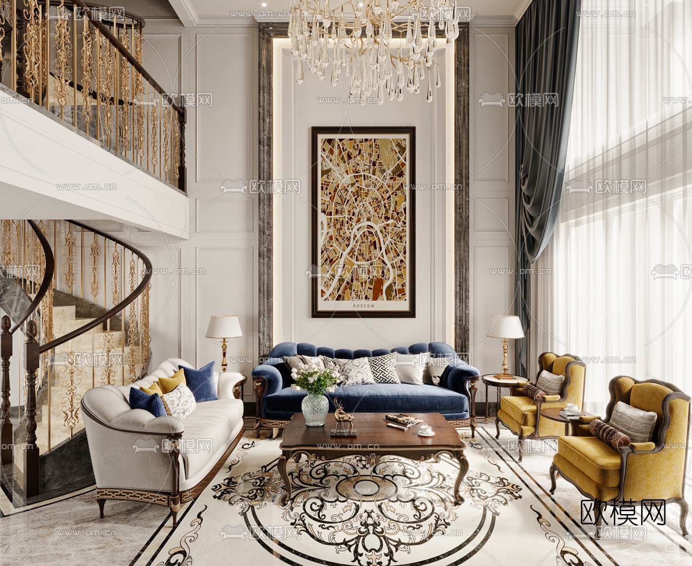 欧式别墅客厅餐厅3d模型下载（渲染图1）