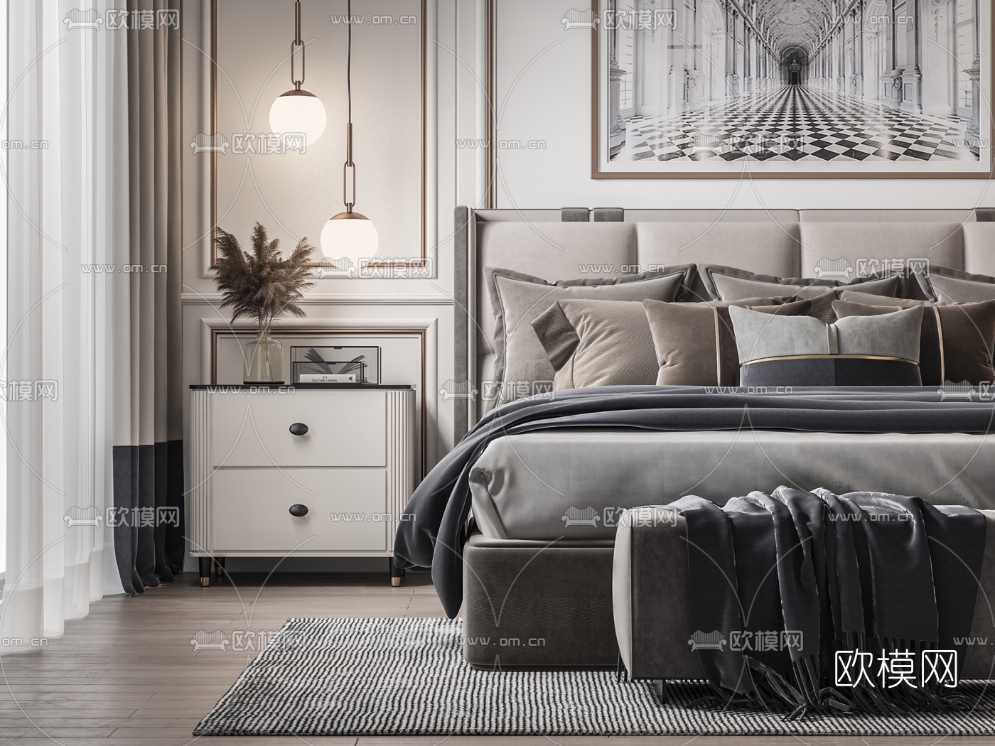 现代轻奢卧室主人房3d模型下载（渲染图2）