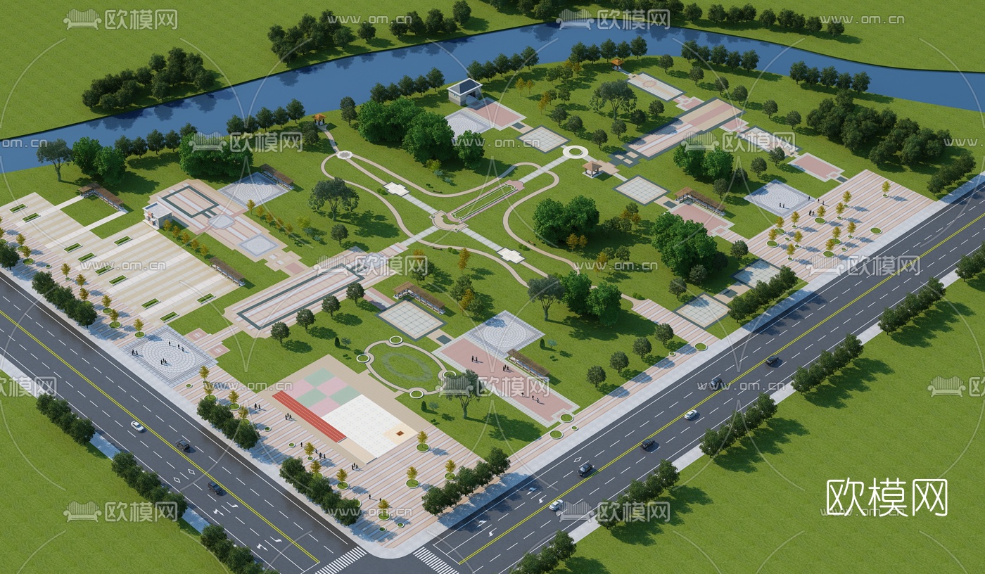 现代公园广场鸟瞰3d模型下载
