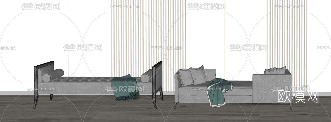 新中式布艺床尾凳su模型下载（渲染图2）