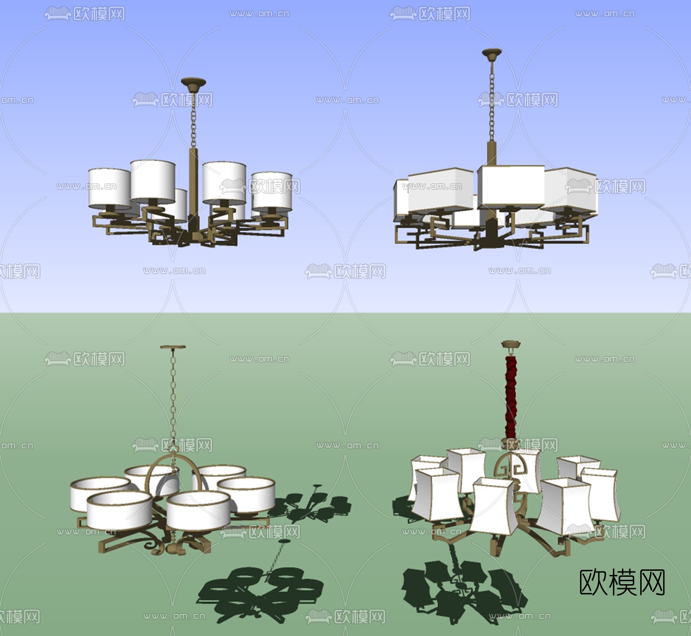 新中式金属多头吊灯su模型下载（渲染图2）