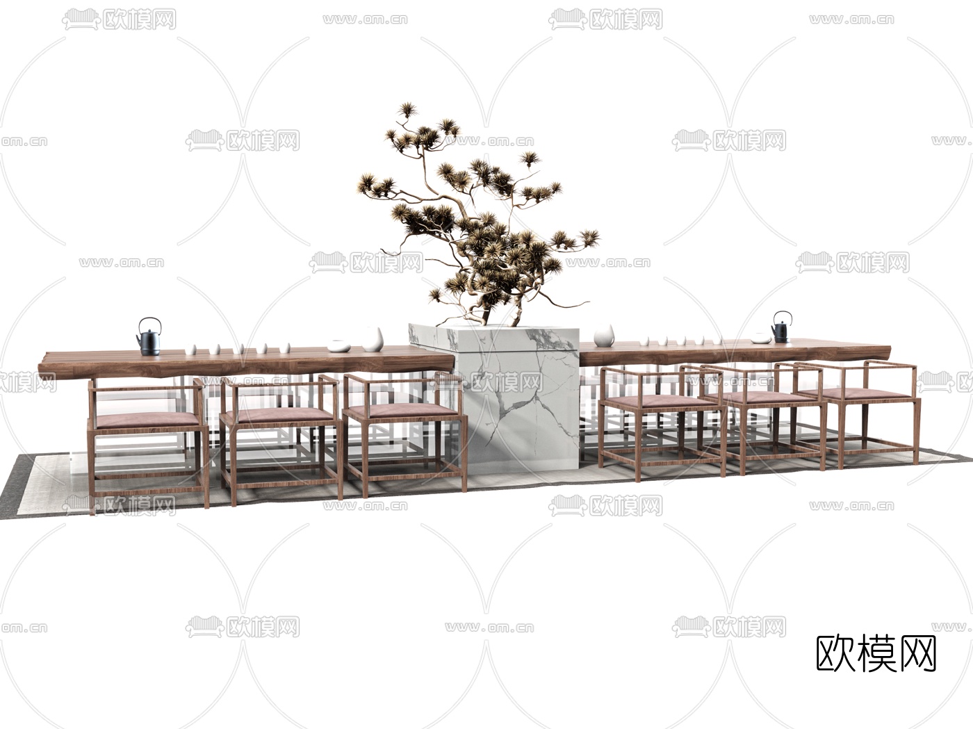 新中式实木茶桌椅3d模型