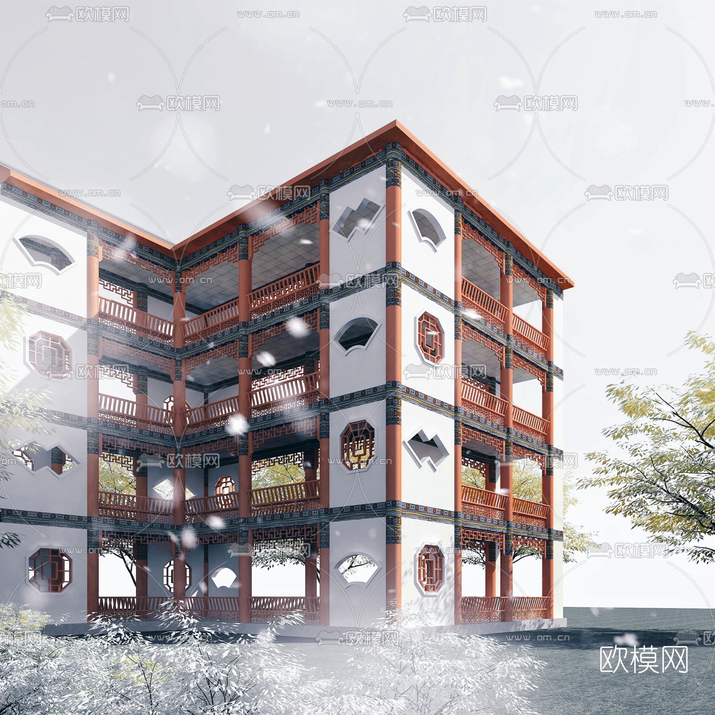 中式观景风雨连廊3d模型