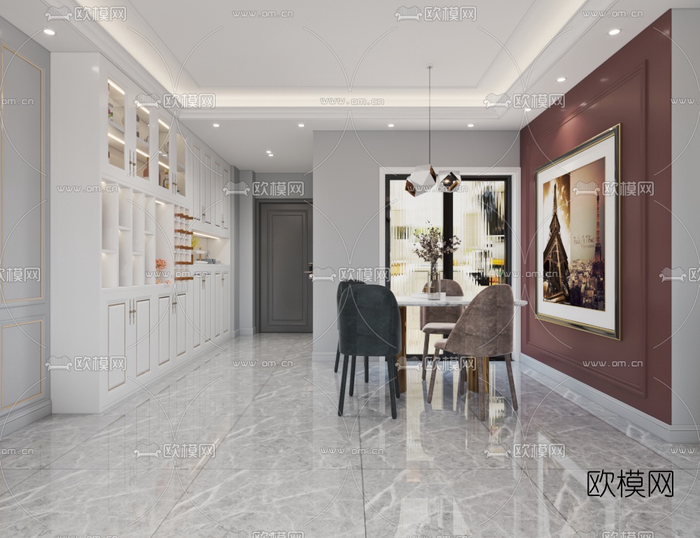 简欧轻奢客厅餐厅免费3d模型下载（渲染图2）
