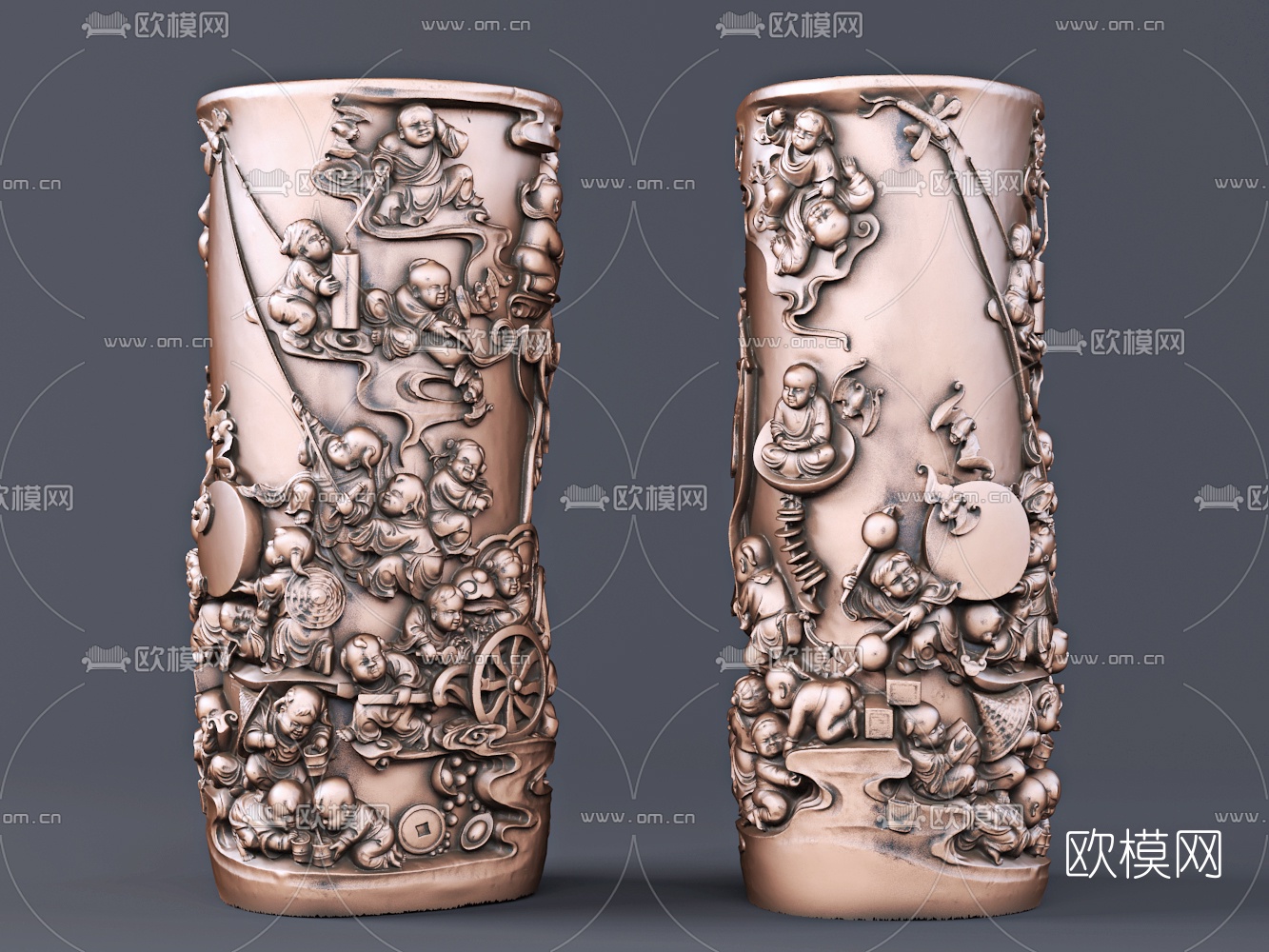 新中式金属浮雕百子笔筒3d模型