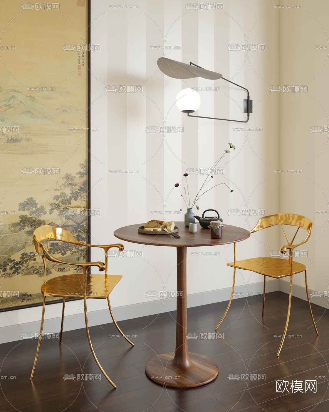 新中式圆形休闲桌椅3d模型下载（渲染图1）