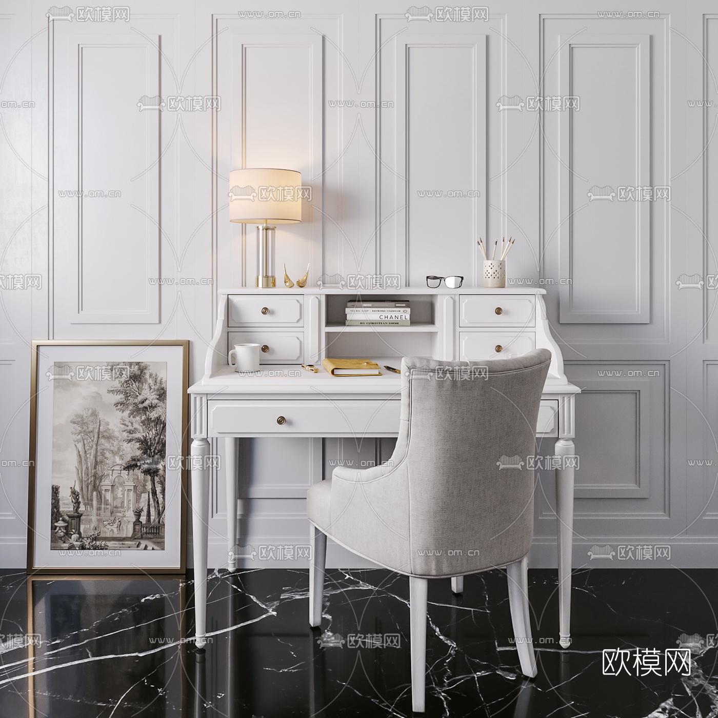 简欧轻奢书桌椅3d模型下载