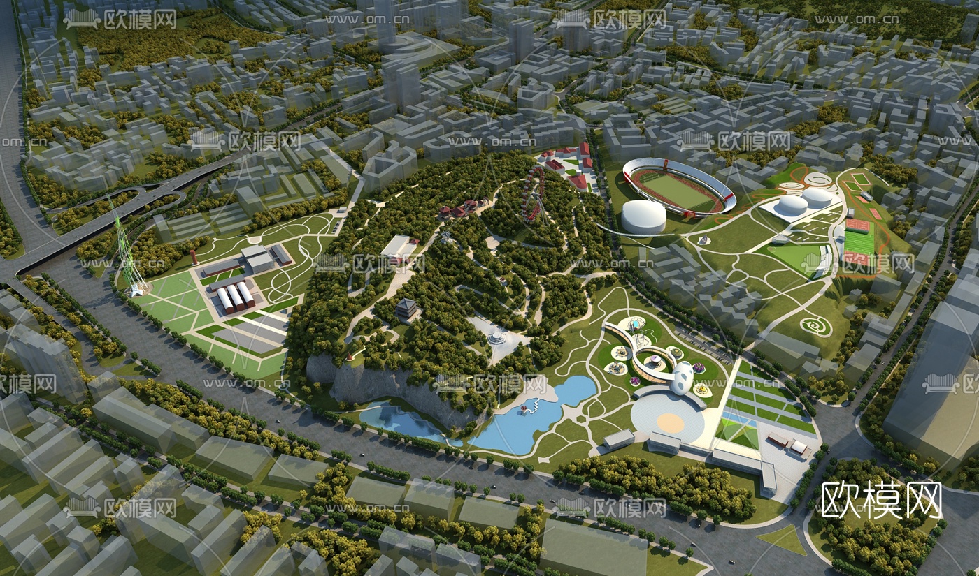 现代游乐园摩天轮过山车鸟瞰3d模型下载