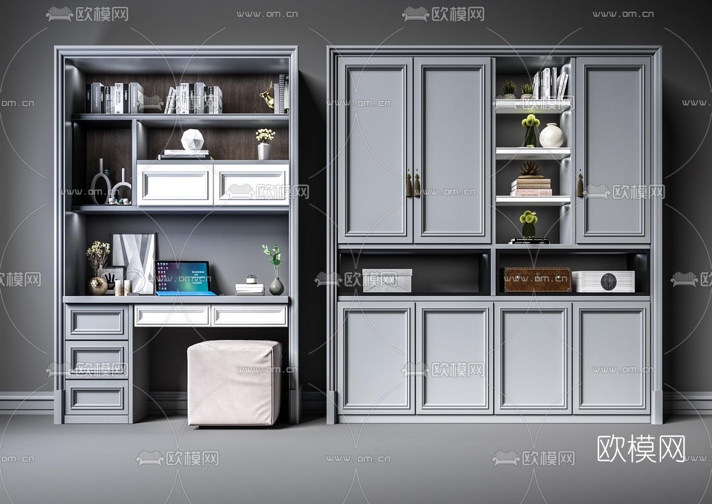 简欧书桌书柜3d模型