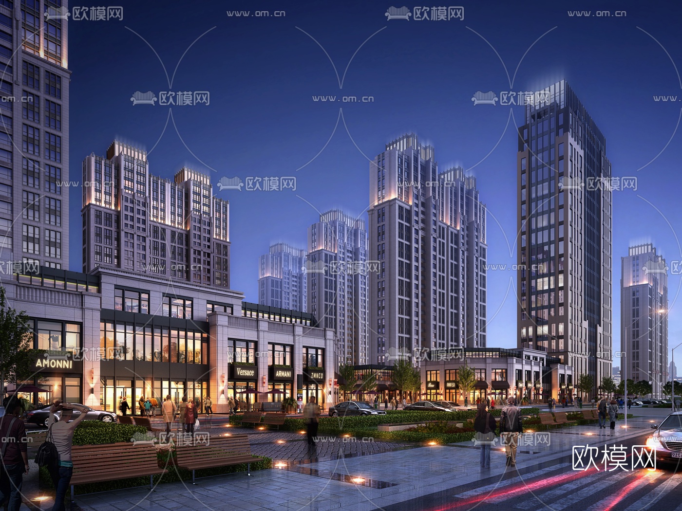 现代住宅商业街夜景3d模型下载