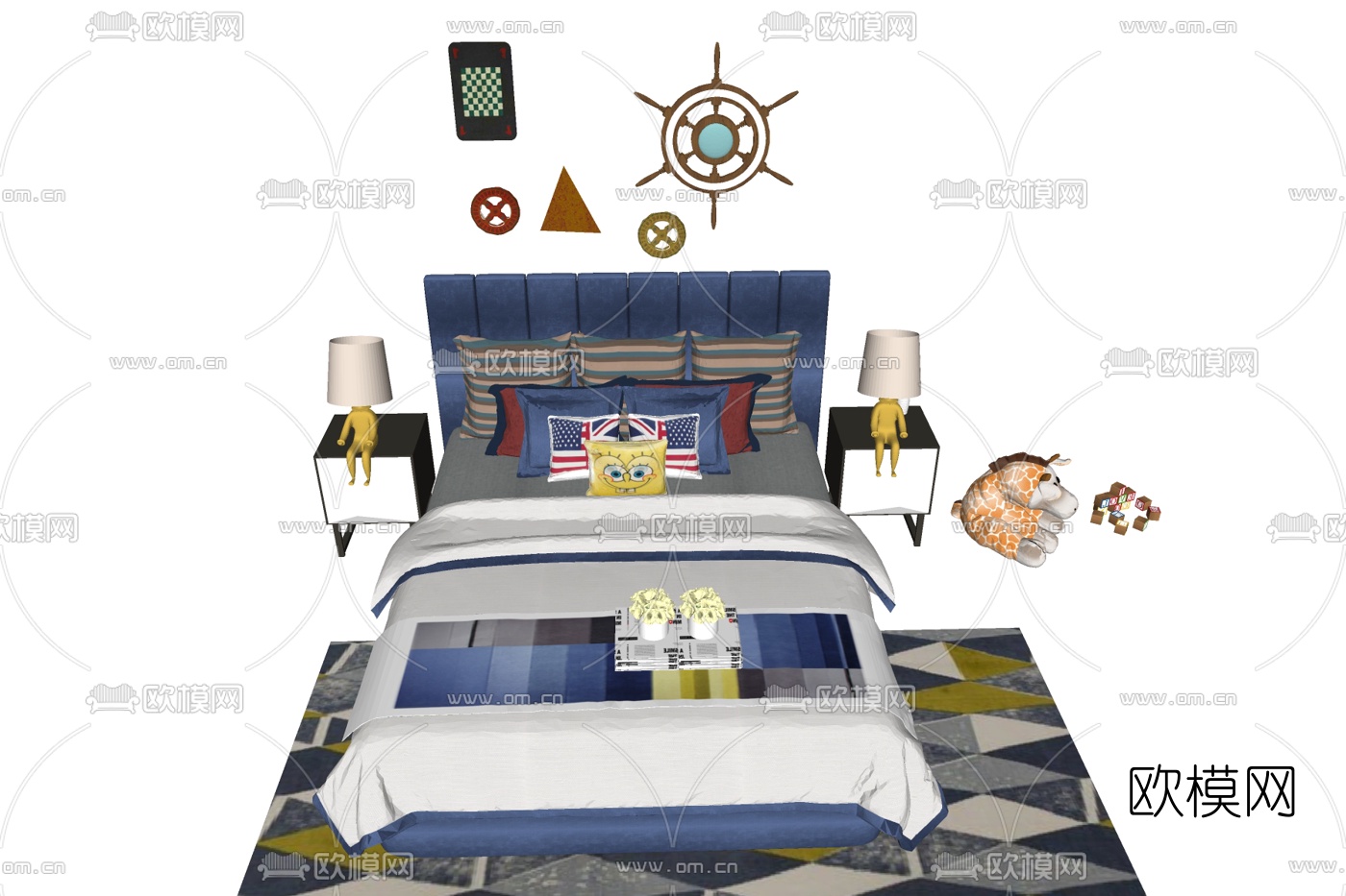 地中海布艺儿童床su模型下载