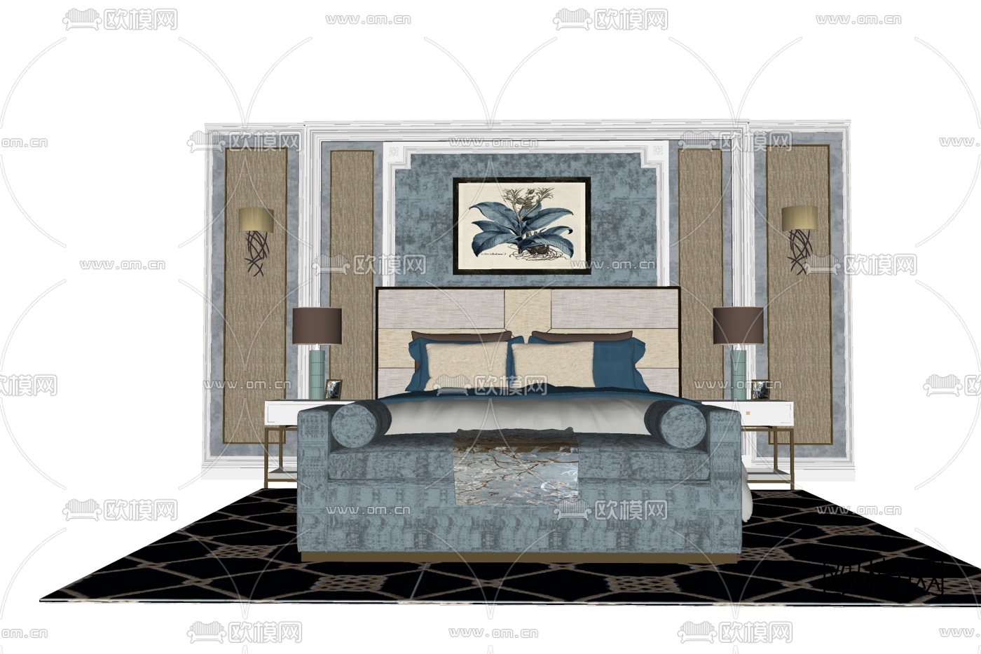 现代布艺双人床su模型下载