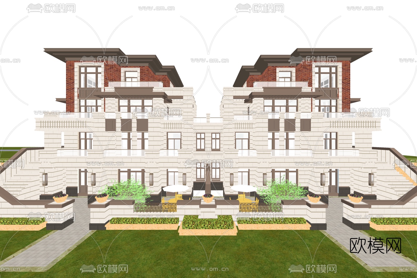 简欧连排别墅外观su模型下载