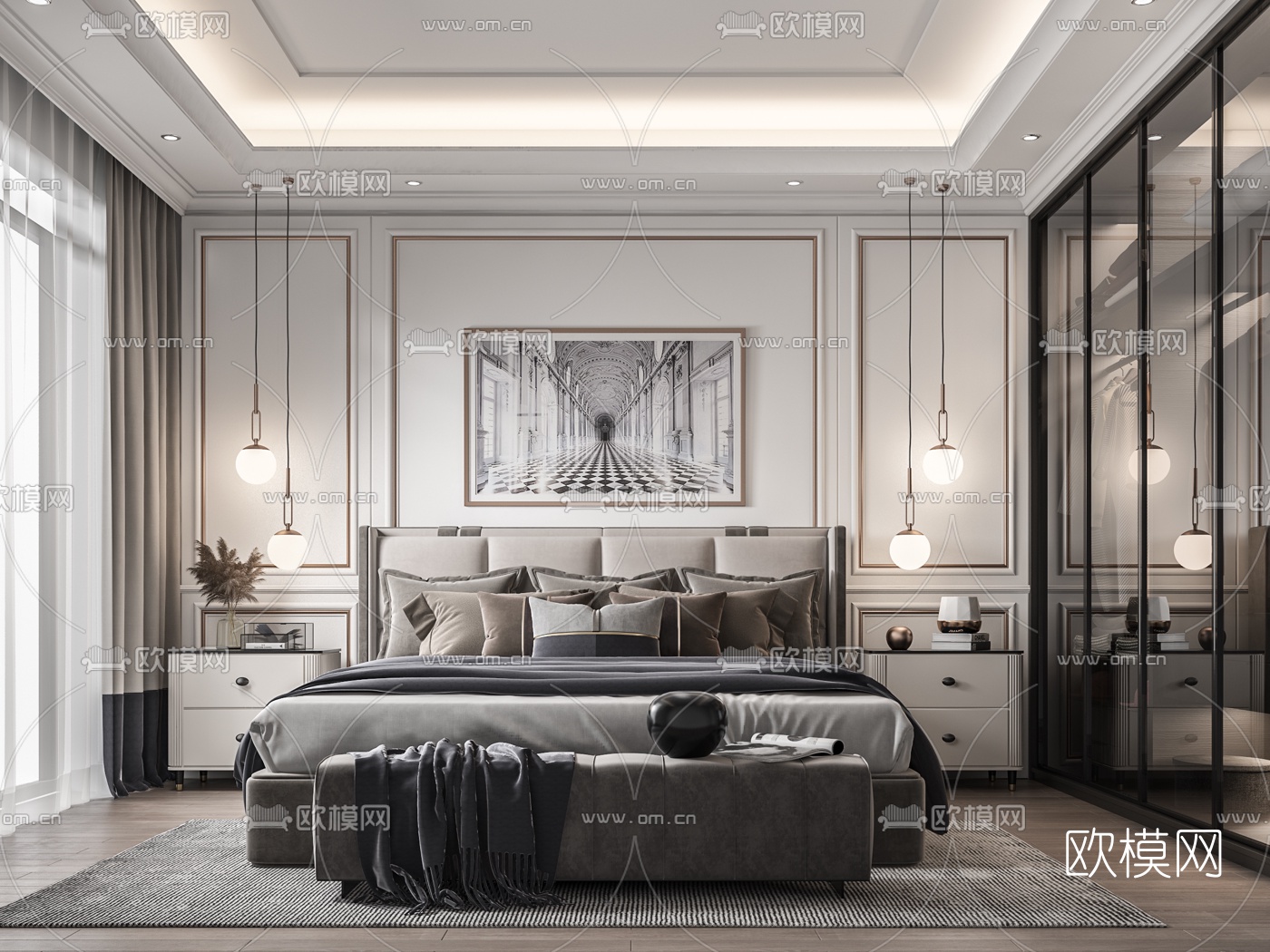 现代轻奢卧室主人房3d模型下载（渲染图1）