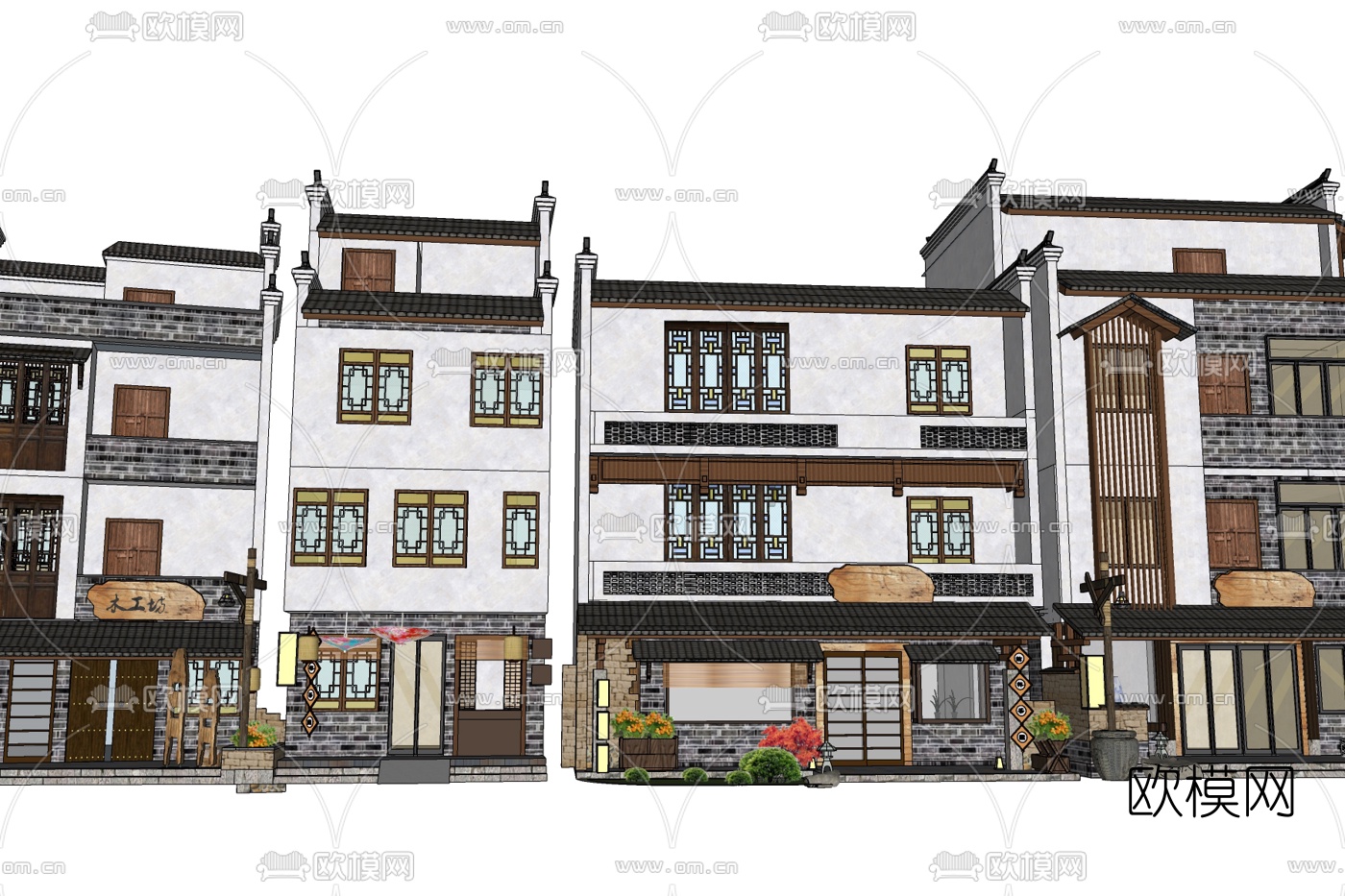 新中式仿古沿街商业建筑免费su模型下载