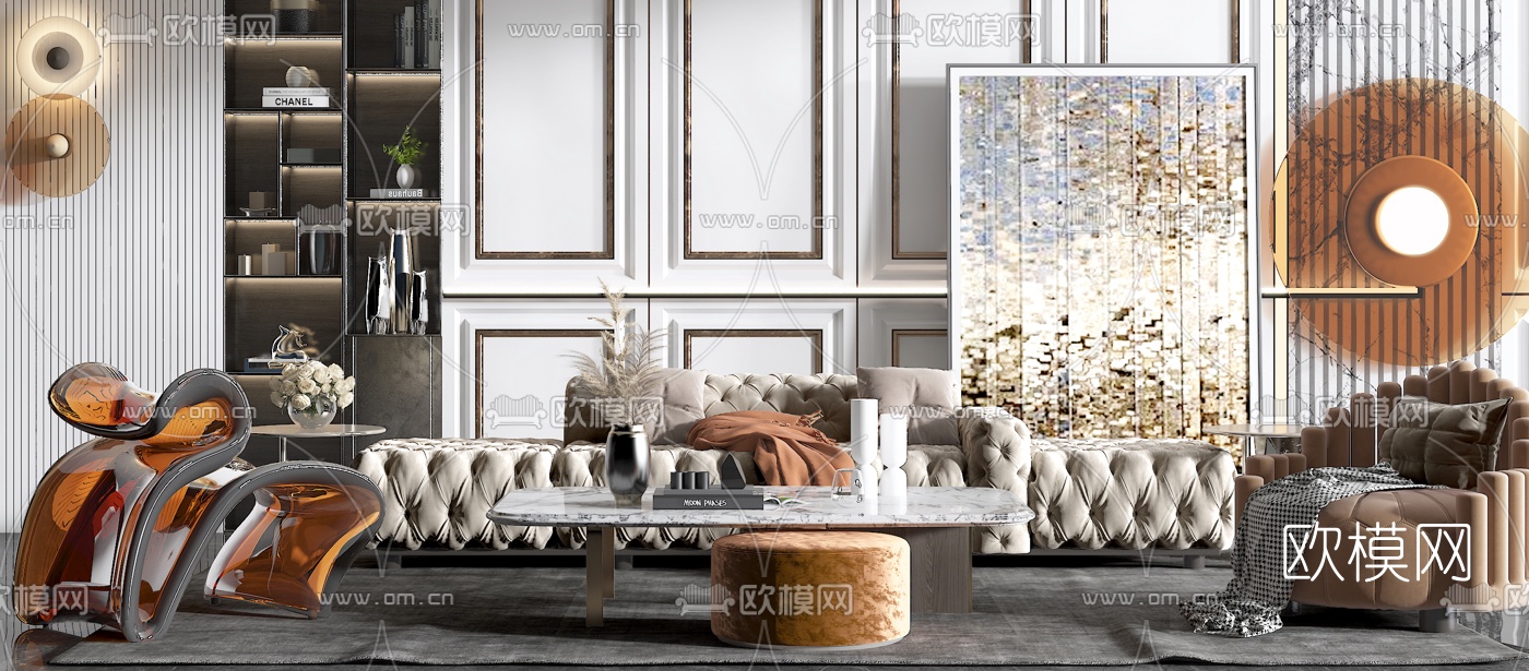 欧式布艺多人沙发组合3d模型下载（渲染图2）