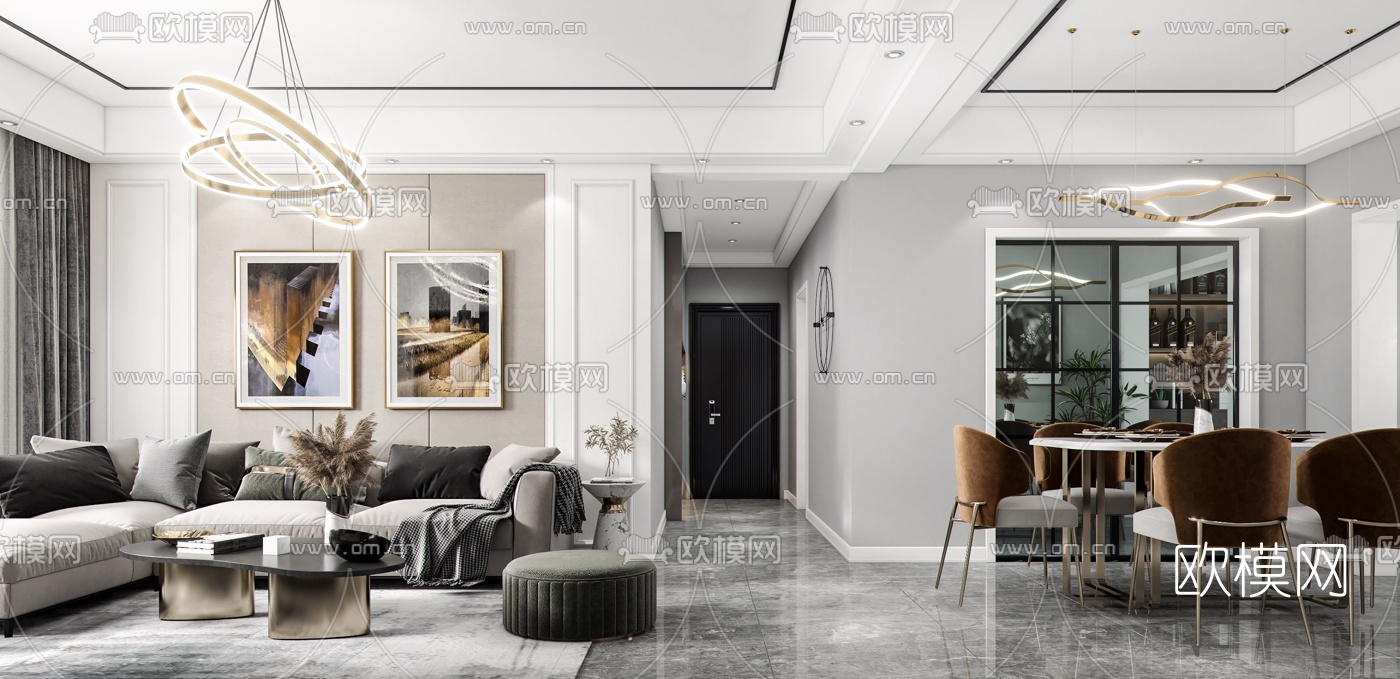 简欧简约客厅餐厅3d模型下载（渲染图1）