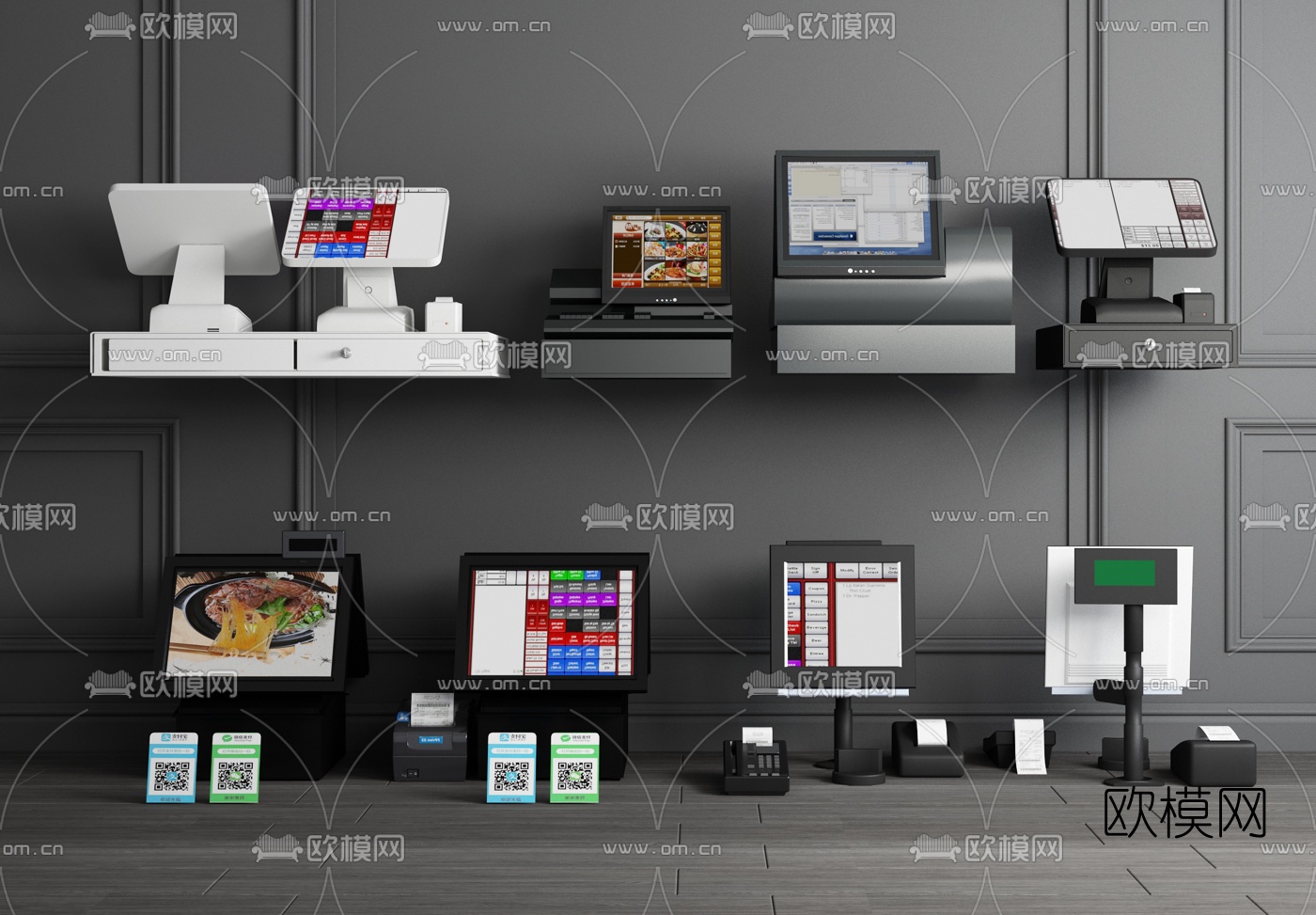 现代超市收银机点菜机组合3d模型下载