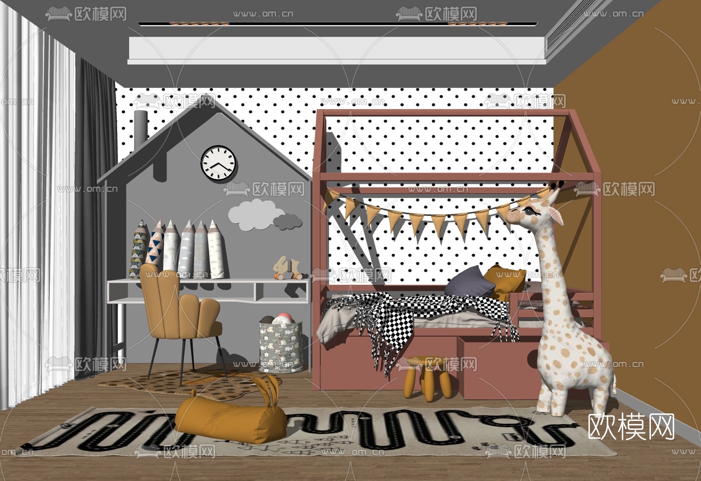 北欧儿童床su模型下载