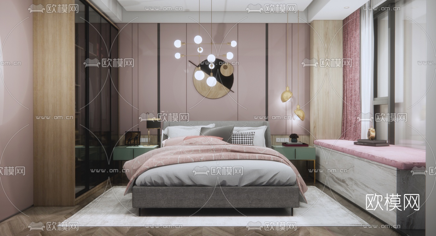 现代布艺双人床su模型下载（渲染图1）