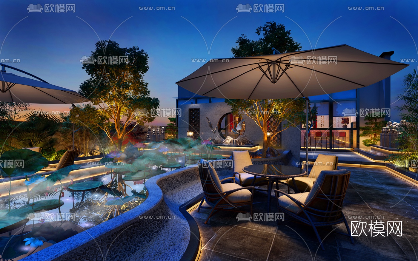 新中式露天花园夜景3d模型下载（渲染图2）