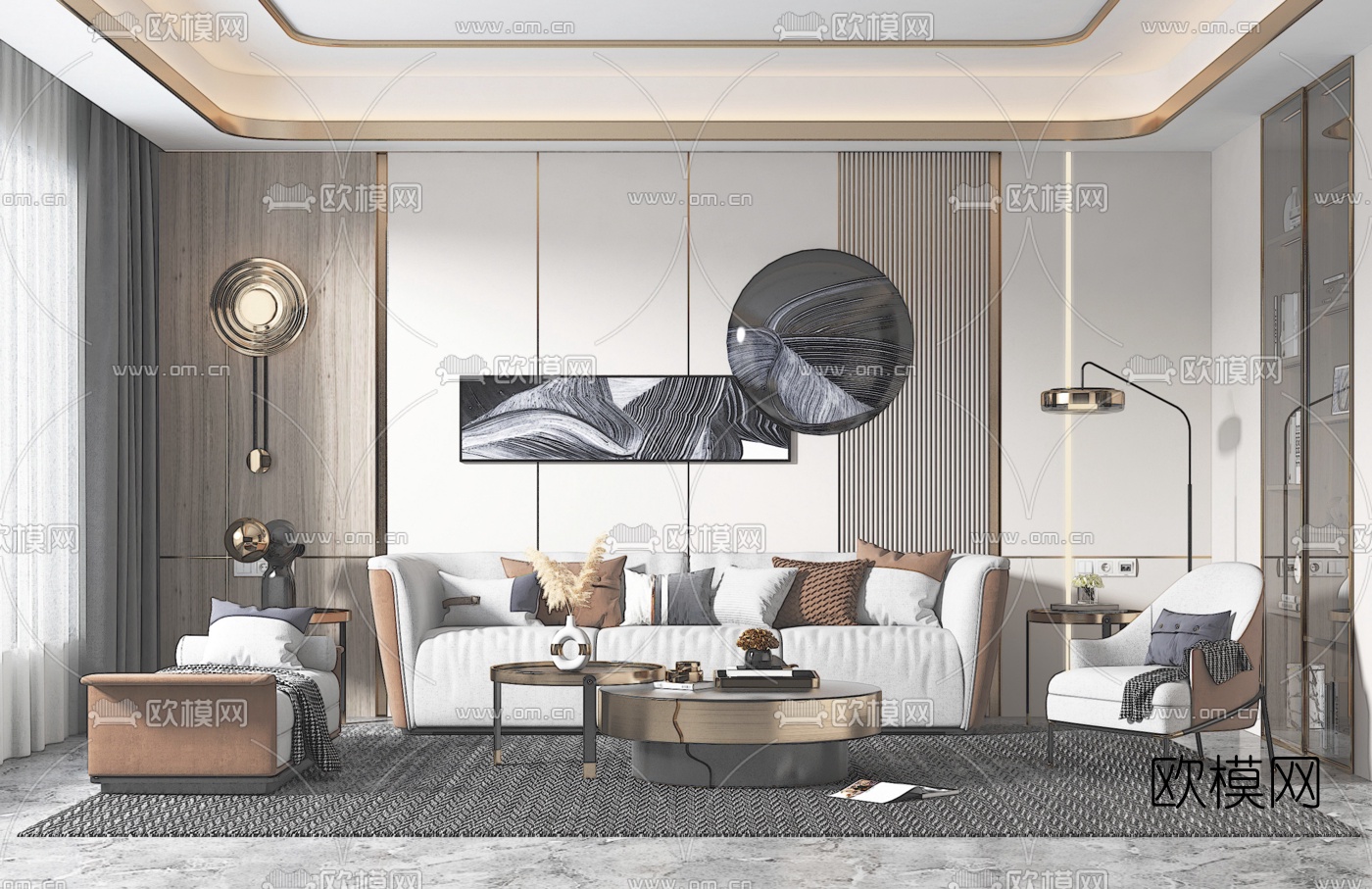 现代布艺沙发组合su模型下载（渲染图2）